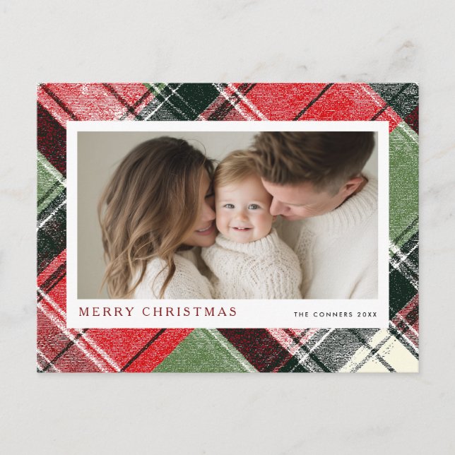 Merry Christmas Tartan Plaid Background Holiday Postcard (Front)