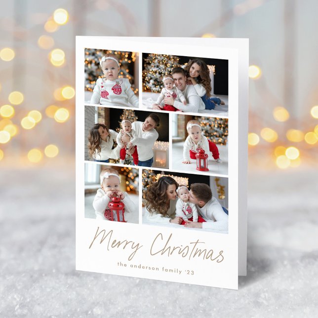 Merry Christmas Taupe Script 6 Photo Collage Holiday Card (Creator Uploaded)