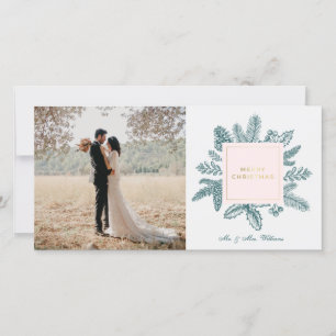 Merry Christmas Teal Floral   Photo Holiday Cards