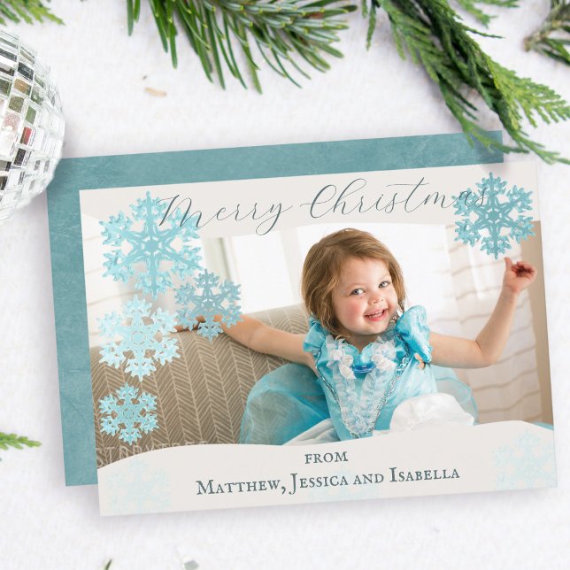 Merry Christmas Teal Snowflakes One Photo Holiday Card (Merry Christmas Teal Snowflakes Photo Holiday Card - just add your photo and name)