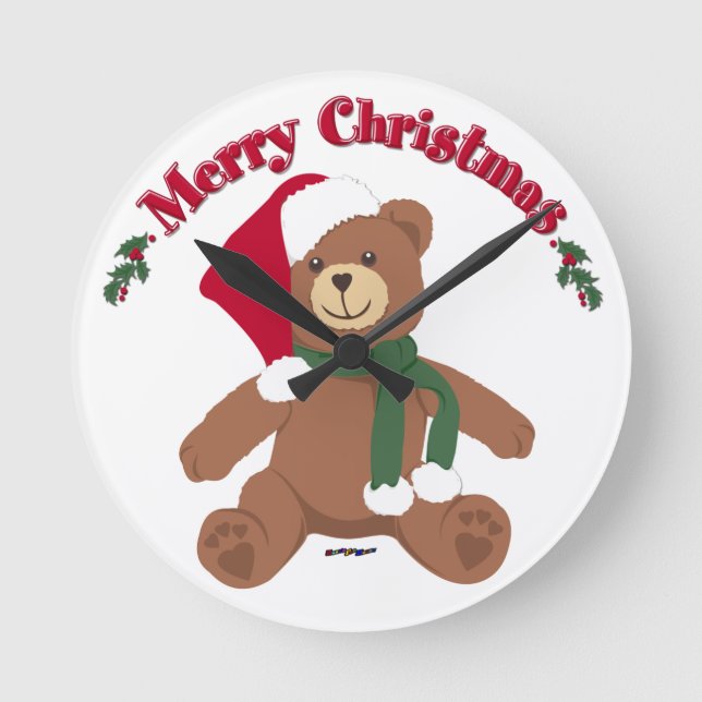 Merry Christmas Teddy Bear Round Clock (Front)