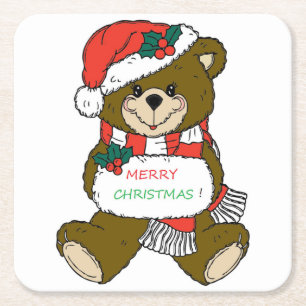 "MERRY CHRISTMAS" TEDDY BEAR SQUARE PAPER COASTER