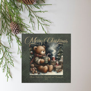 Merry Christmas Teddy Bears Faux Leather Holiday Card