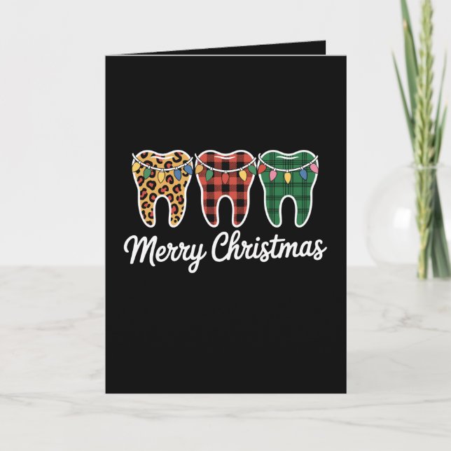 Merry Christmas Teeth Leopard Plaid Lights Dentist Card (Front)