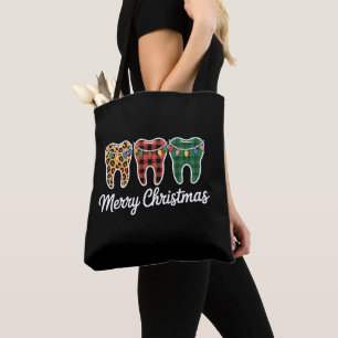Merry Christmas Teeth Leopard Plaid Lights Dentist Tote Bag