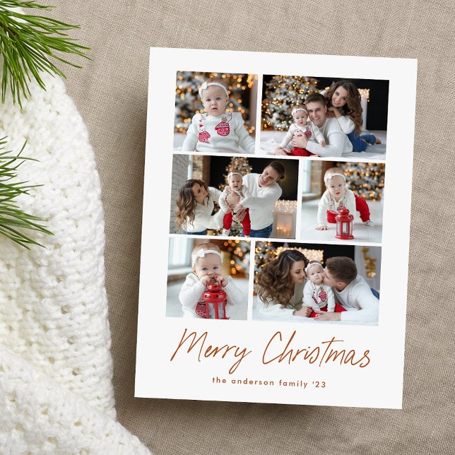 Merry Christmas Terracotta Script 6 Photo Collage Holiday Postcard (Creator Uploaded)