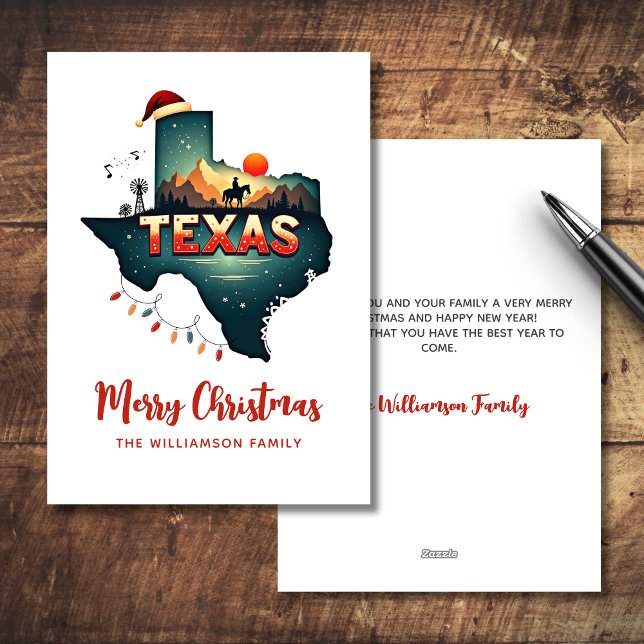 Merry Christmas Texas State Retro Personalised Holiday Card (Personalize with your message and Family Name, coordinating items available)
