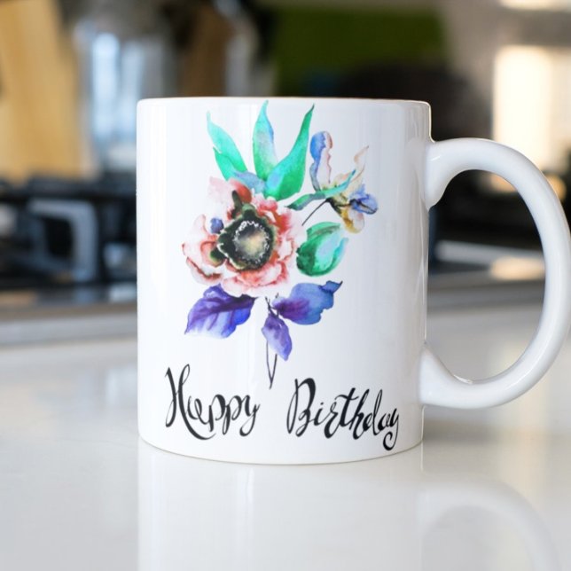 Merry Christmas' Text Glowing in Red, Green T-Shirt (Flowers with Happy Birthday – Watercolor Mug)