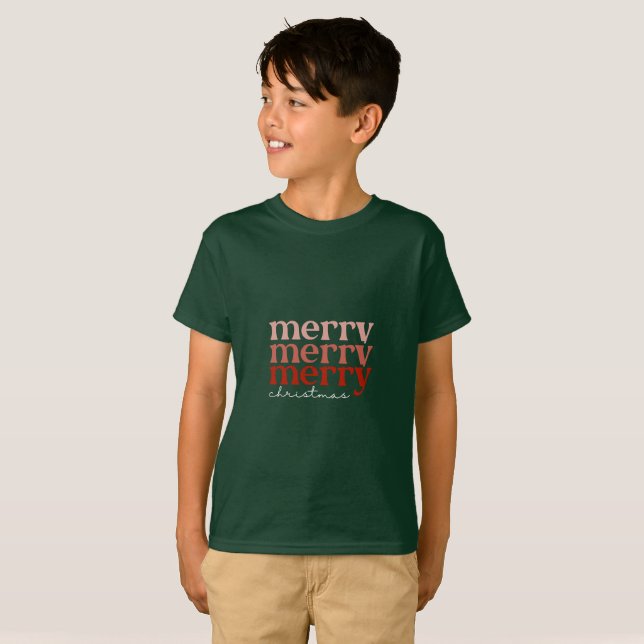 Merry Christmas Text Greeting Red and Green Boy T-Shirt (Front Full)