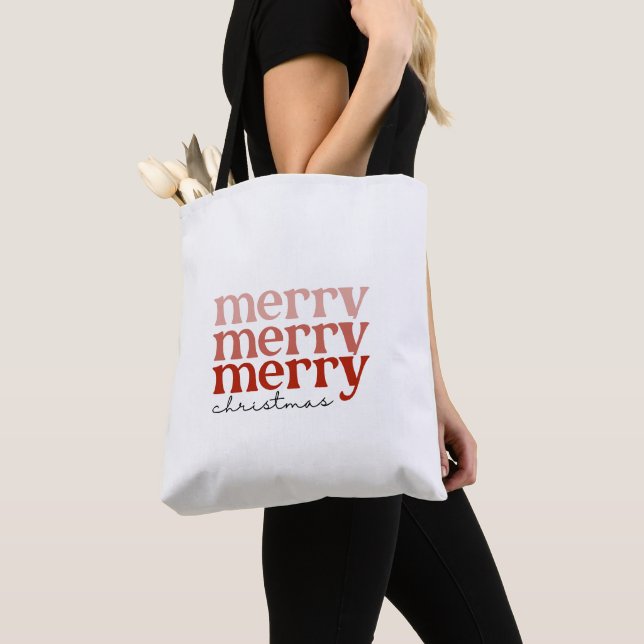 Merry Christmas Text Greeting Red and White Tote Bag (Close Up)