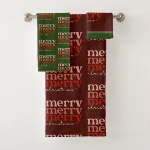 Merry Christmas Text Greeting Red & Green Pattern Bath Towel Set