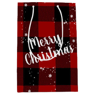 Merry Christmas Text In Snowflakes On Plaid Medium Gift Bag