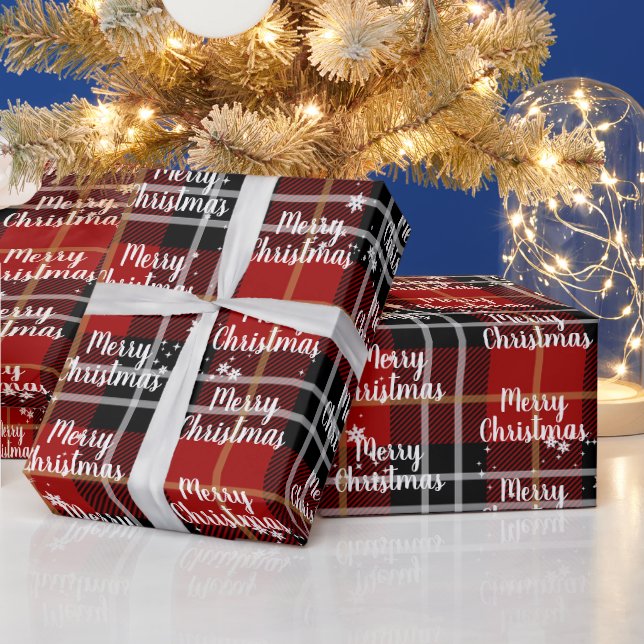 Merry Christmas Text In Snowflakes On Tartan Wrapping Paper (Holidays)