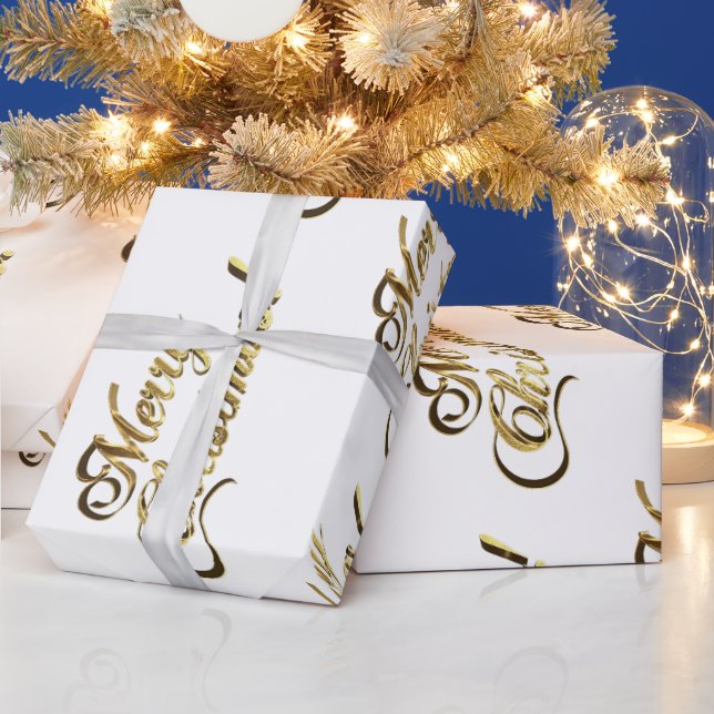 Merry Christmas Text Pattern Modern Gold and White Wrapping Paper (Holidays)