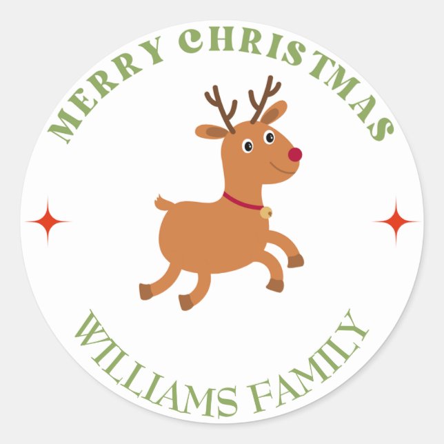 Merry Christmas text reindeer white Classic Round Sticker (Front)