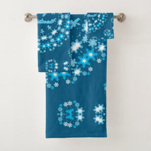 Merry Christmas text round frame snowflake blue wh Bath Towel Set