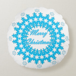 Merry Christmas text round frame snowflake blue wh Cushion
