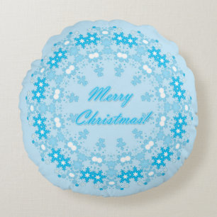 Merry Christmas text round frame snowflake blue wh Cushion