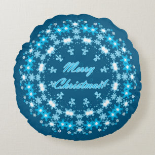Merry Christmas text round frame snowflake blue wh Cushion
