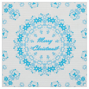 Merry Christmas text round frame snowflake blue wh Fabric