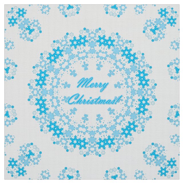 Merry Christmas text round frame snowflake blue wh Fabric (Swatch)