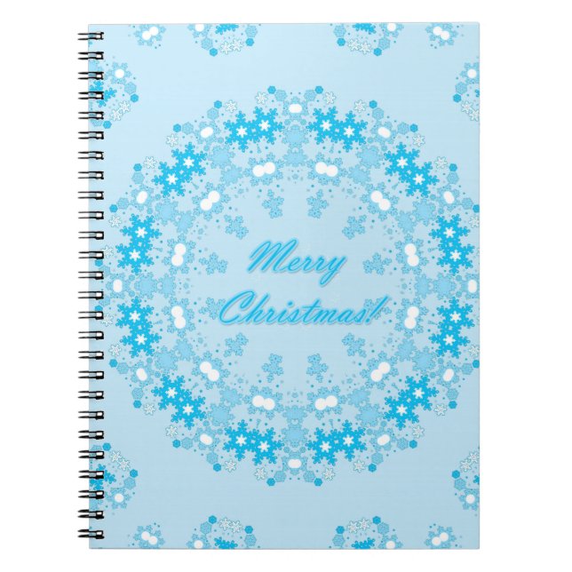 Merry Christmas text round frame snowflake blue wh Notebook (Front)
