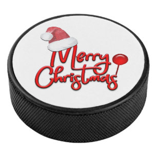 Merry Christmas Text Santa Cap Hockey Puck