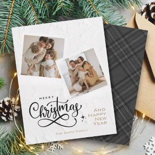 Merry Christmas Texture and Grey Plaid Photo Card
