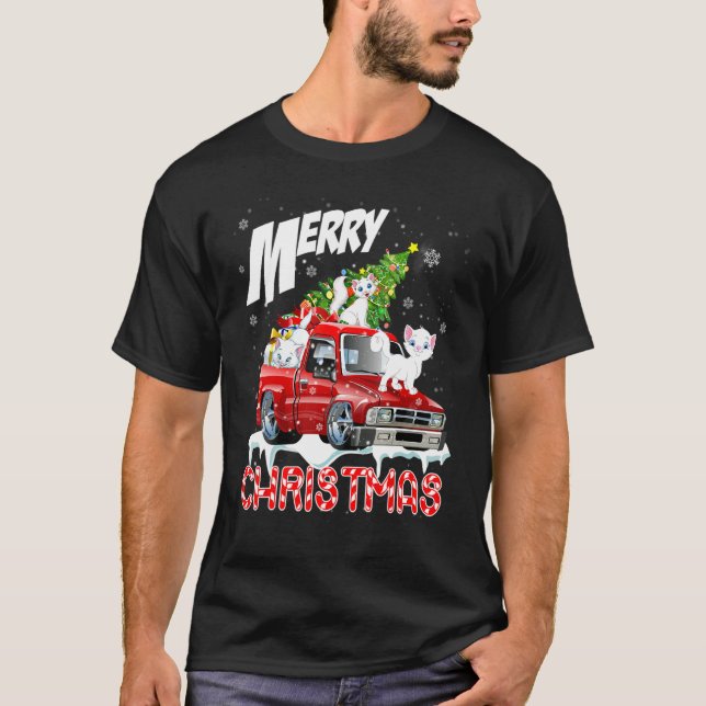 Merry Christmas Three Cats Xmas Tree On Pickup Tru T-Shirt (Front)