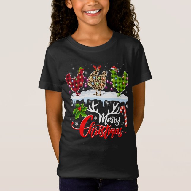Merry Christmas Three Chicken Buffalo Leopard Red  T-Shirt (Front)