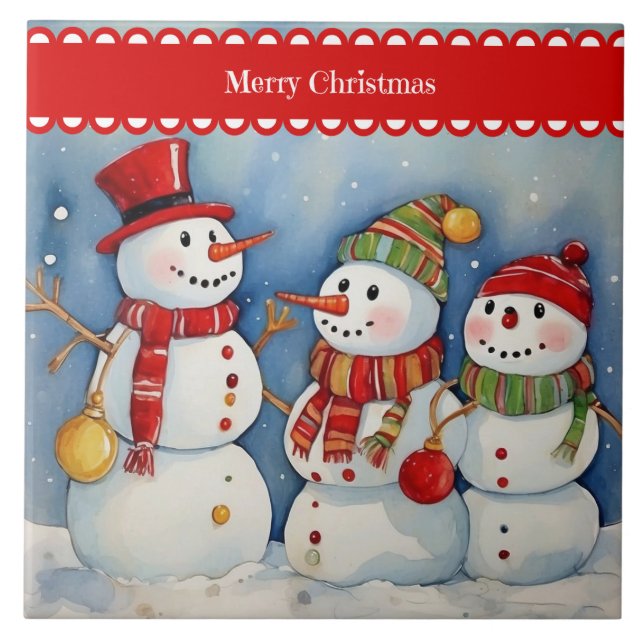 Merry Christmas, Three Colourful Snowmen, Tile (Front)