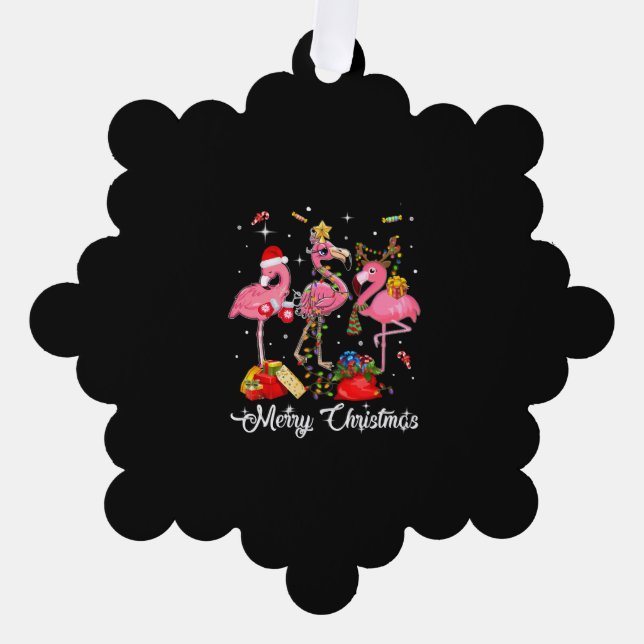 Merry Christmas Three Flamingo With Santa Hat Tree Decoration Card (Front)