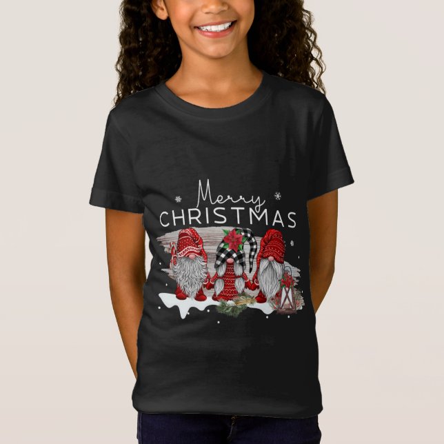 Merry Christmas Three Gnomes In Buffalo Plaid Chri T-Shirt (Front)