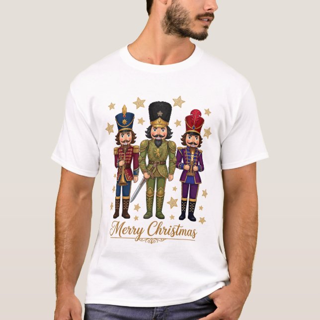 Merry Christmas Three Nutcrackers Gold Stars T-Shirt (Front)