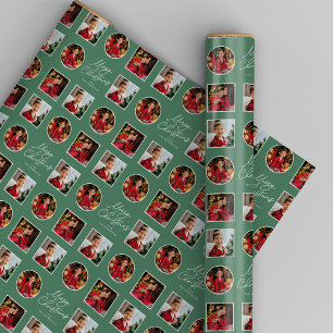 Merry Christmas three photo green holiday Wrapping Paper