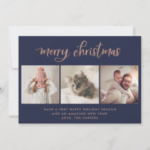 Merry Christmas   Three Photo Navy and Rose Gold Holiday Card