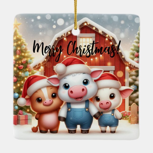 Merry Christmas Three Pigs Ceramic Ornament (Back)