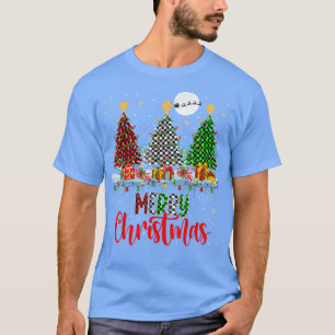 Merry Christmas Three Plaid Christmas Trees Lights T-Shirt