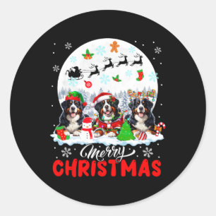 Merry Christmas Three Santa Elf Reindeer Bernese M Classic Round Sticker