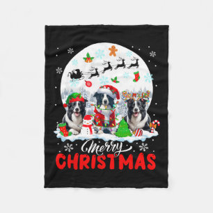 Merry Christmas Three Santa Elf Reindeer Border Co Fleece Blanket