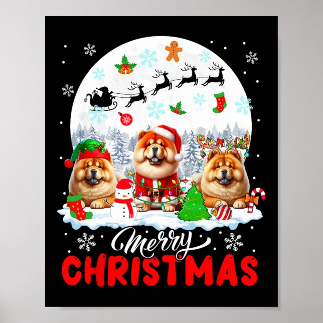 Merry Christmas Three Santa Elf Reindeer Chow Chow Poster (Front)