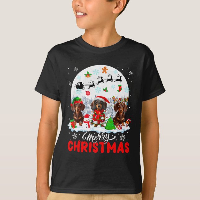 Merry Christmas Three Santa Elf Reindeer Dachshund T-Shirt (Front)