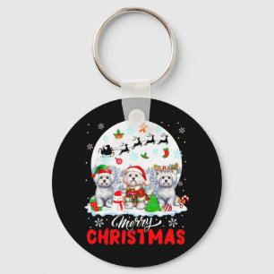 Merry Christmas Three Santa Elf Reindeer Malteses Key Ring