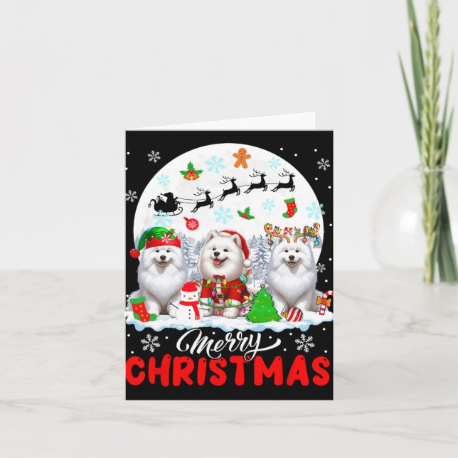 Merry Christmas Three Santa Elf Reindeer Samoyeds  Card (Front)
