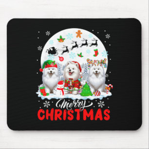 Merry Christmas Three Santa Elf Reindeer Samoyeds Mouse Pad
