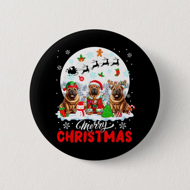 Merry Christmas Three Santa Elf Reindeer Shar Peis 6 Cm Round Badge (Front)