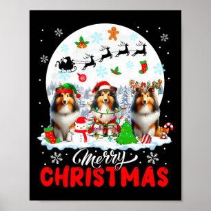 Merry Christmas Three Santa Elf Reindeer Shetland Poster