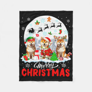 Merry Christmas Three Santa Elf Reindeer Shiba Inu Fleece Blanket