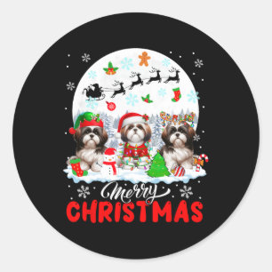 Merry Christmas Three Santa Elf Reindeer Shih Tzus Classic Round Sticker