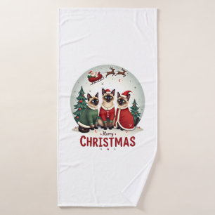 Merry Christmas Three Santa Elf Reindeer Siamese C Bath Towel